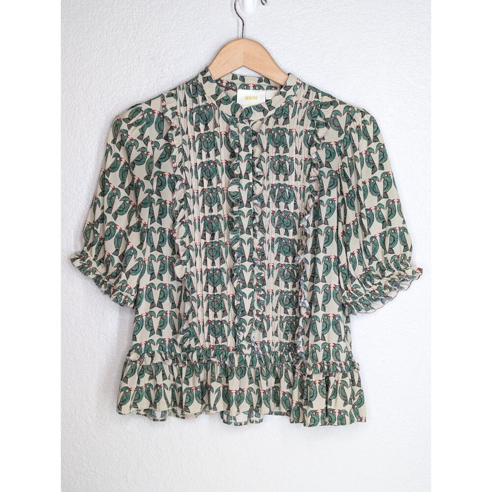 Maeve Anthropologie Birdie Ruffled Buttondown Blouse Sz 2 Tropical, Summer Boho - Picture 3 of 9